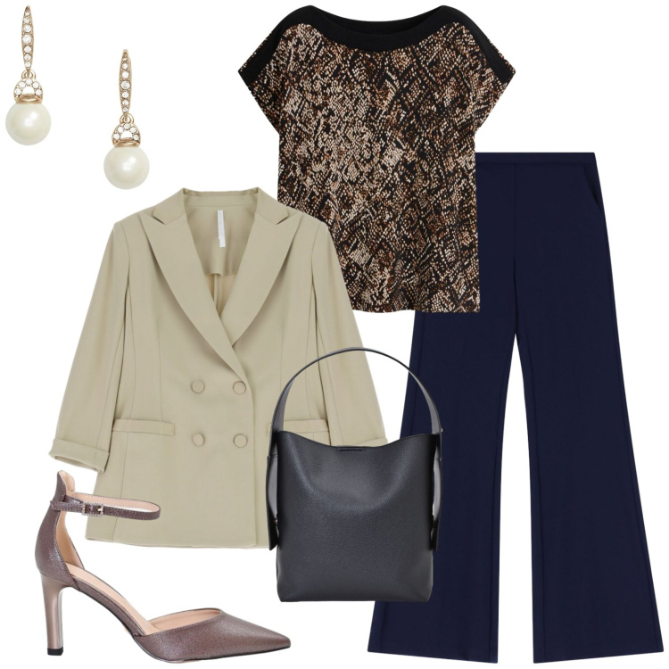 Outfit donna - Ufficio. Stile Casual chic per Ufficio. Abbinamento con t-shirt, blazer, pantaloni, borse a spalla, décolleté, orecchini.