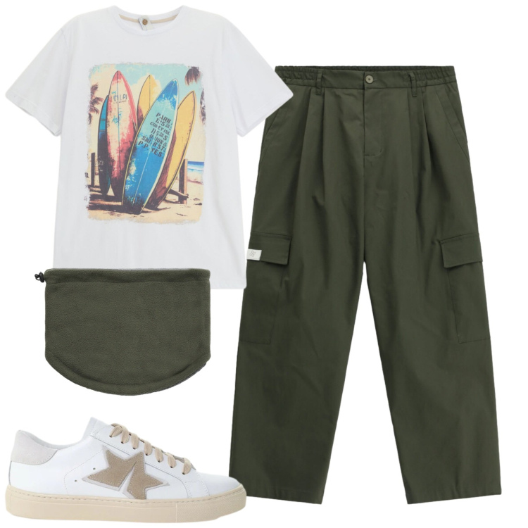 Outfit uomo - Total look #2459200. Stile Casual per Tutti i giorni. Abbinamento con t-shirt, pantaloni cargo, sneakers, scaldacollo.