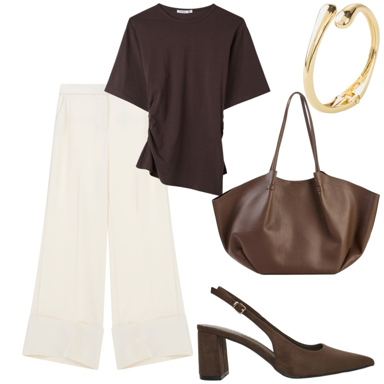 Outfit donna - City. Stile Casual chic per Tutti i giorni. Abbinamento con braccialetti, shopping bag, pantaloni a palazzo, t-shirt, décolleté.