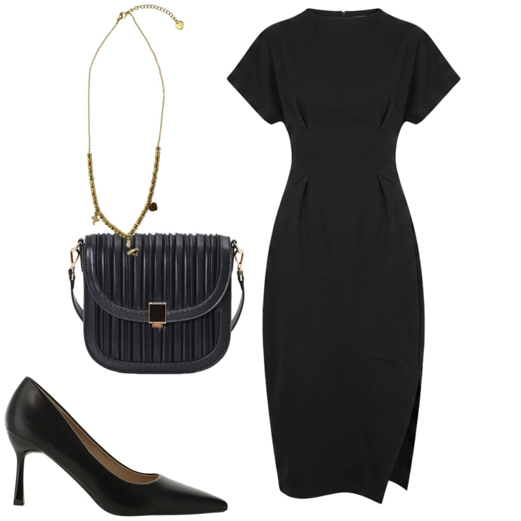 Outfit donna - Minimal chic. Stile Chic per Tutti i giorni. Abbinamento con décolleté, borse a tracolla, ciondoli, vestiti midi/longuette.