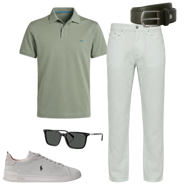 Outfit uomo - City. Stile Urban per Tutti i giorni. Abbinamento con polo, pantaloni, cinture, occhiali da sole, sneakers.