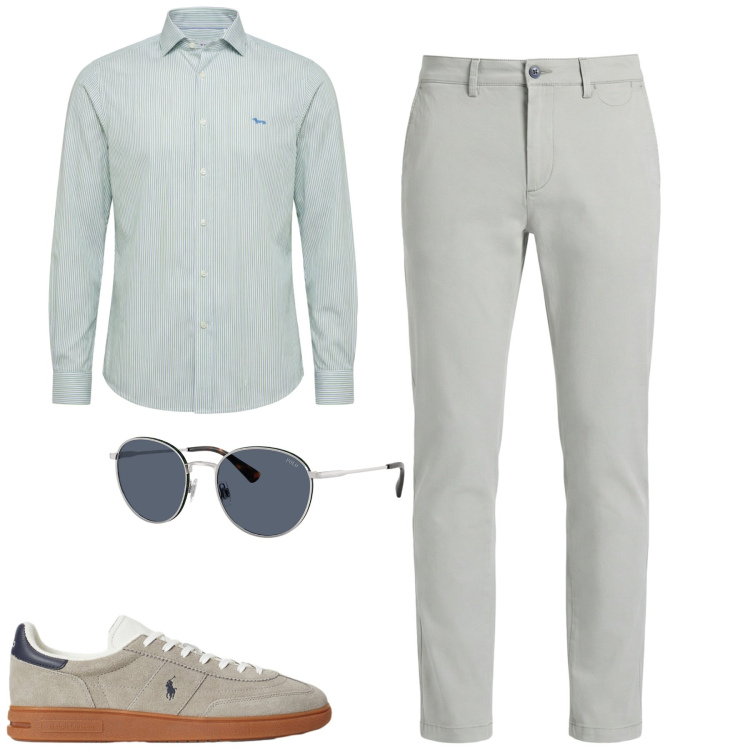 Outfit uomo - City. Stile Urban per Tutti i giorni. Abbinamento con pantaloni chino, camicie, occhiali da sole, sneakers.