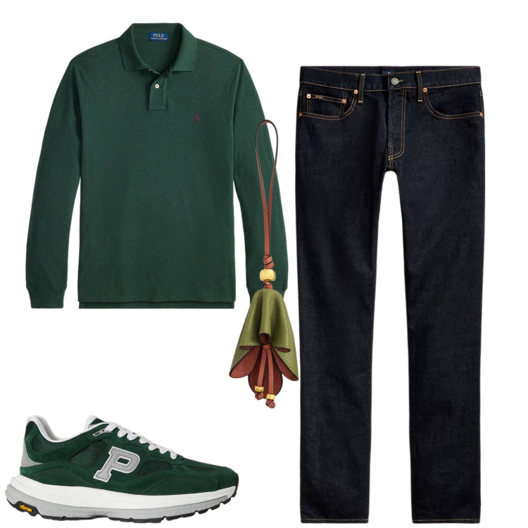 Outfit uomo - Fall. Stile Casual per Tutti i giorni. Abbinamento con jeans, polo, portachiavi, sneakers.