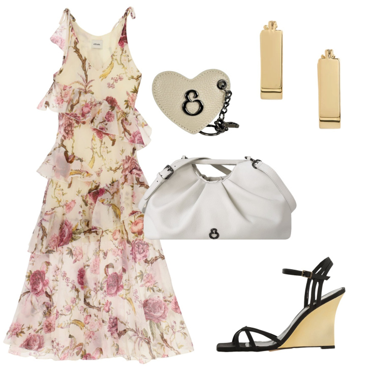 Outfit donna - Total look #2459218. Stile Chic per Serata fuori. Abbinamento con vestiti lunghi, sandali col tacco, clutch, portachiavi, orecchini.
