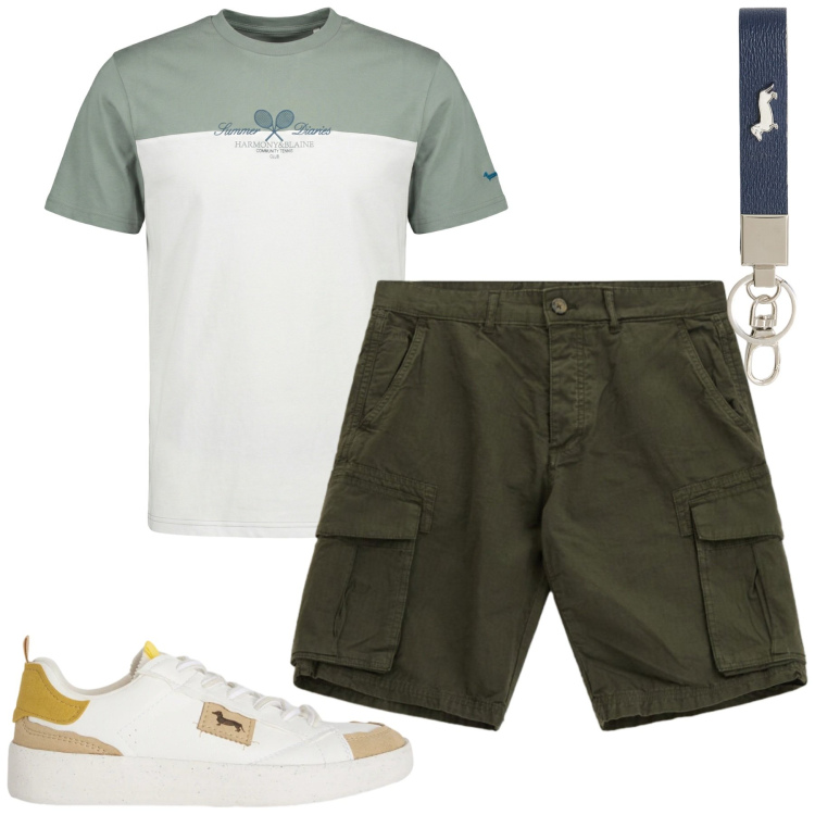 Outfit uomo - Agosto. Stile Casual per Tutti i giorni. Abbinamento con sneakers, t-shirt, portachiavi, bermuda.