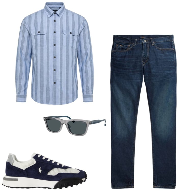 Outfit uomo - City. Stile Casual per Tutti i giorni. Abbinamento con camicie, jeans, occhiali da sole, sneakers.