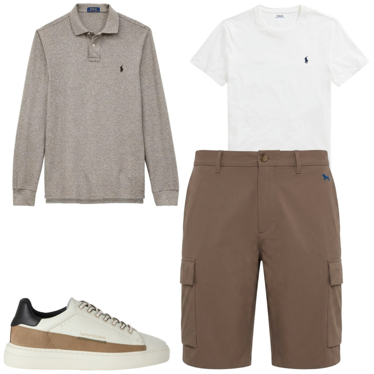Outfit uomo - Agosto. Stile Casual per Tutti i giorni. Abbinamento con bermuda, sneakers, t-shirt, polo.