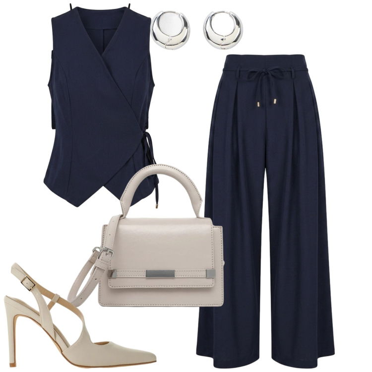 Outfit donna - City. Stile Minimal per Tutti i giorni. Abbinamento con orecchini, top, borse a tracolla, décolleté, pantaloni a palazzo, gilet.