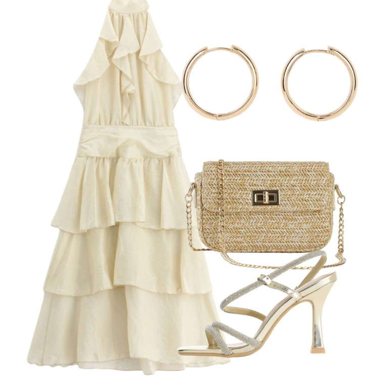 Outfit donna - Cerimonia champagne. Stile Glamour per Cerimonia. Abbinamento con orecchini, borse a tracolla, sandali col tacco, vestiti midi/longuette.