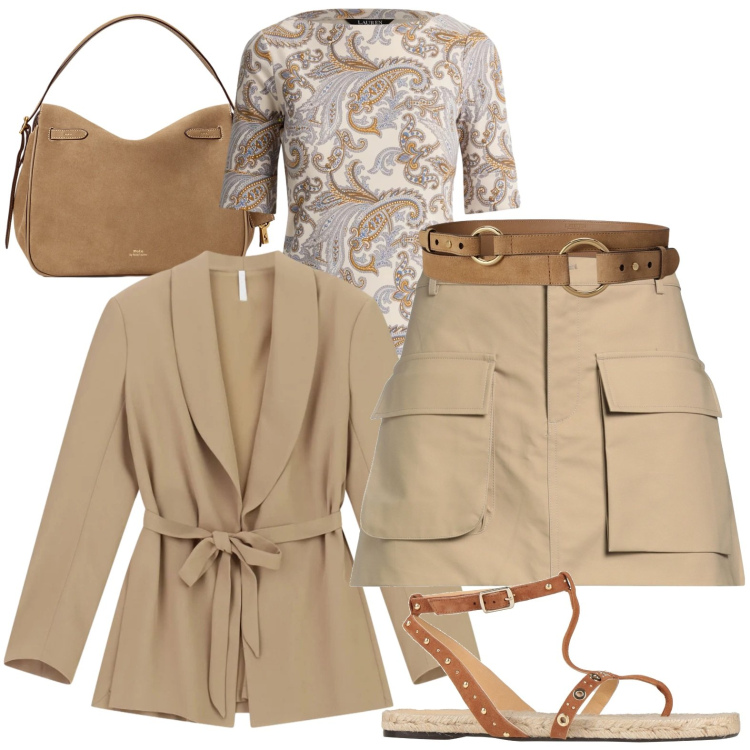Outfit donna - Shopping. Stile Casual chic per Tutti i giorni. Abbinamento con minigonne, espadrillas, blazer, t-shirt, borse a mano, cinture.