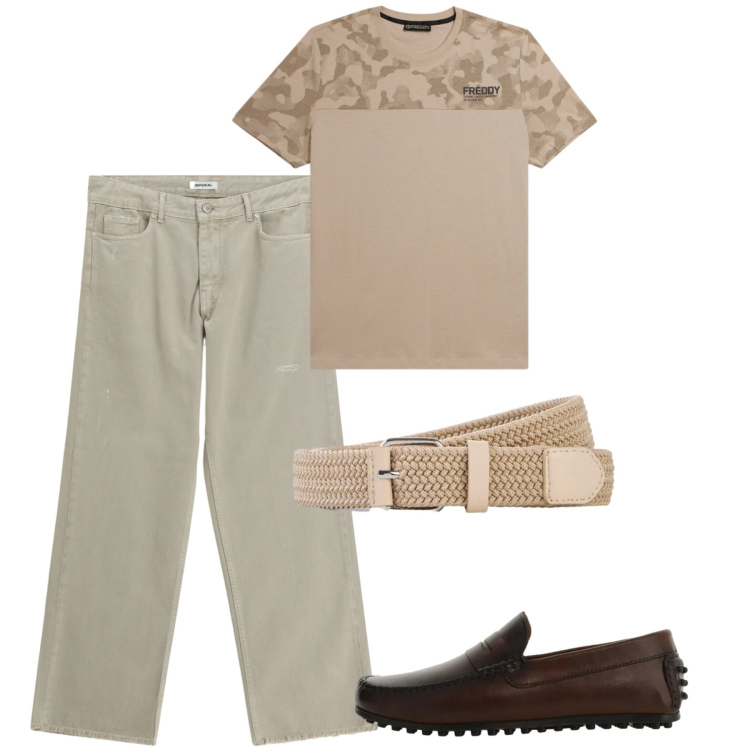 Outfit uomo - Agosto. Stile Casual per Tutti i giorni. Abbinamento con cinture, pantaloni, scarpe stringate, t-shirt.