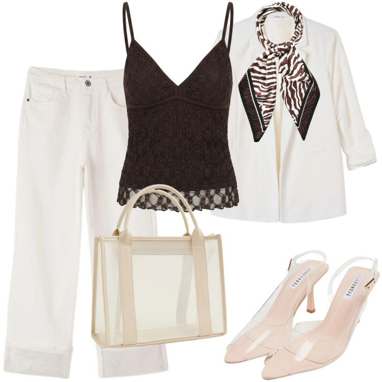 Outfit donna - Total look #2459261. Stile Casual chic per Tutti i giorni. Abbinamento con sandali col tacco, borse tote, jeans, foulard, blazer, canottiere.