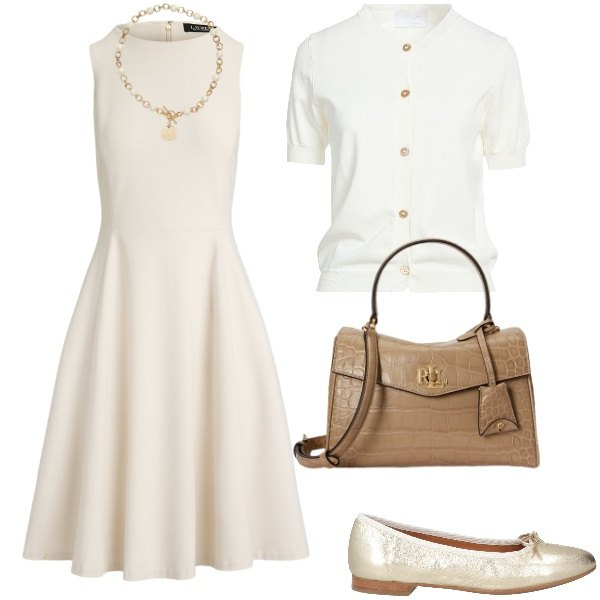 Outfit donna - Total look #2459262. Stile Casual chic per Ufficio. Abbinamento con cardigans, ballerine, vestiti midi/longuette, collane, borse a mano.