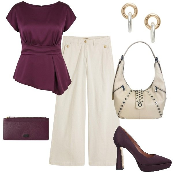 Outfit donna - Total look #2459263. Stile Glamour per Serata fuori. Abbinamento con décolleté, pantaloni, portafogli, bluse, borse a spalla, orecchini.