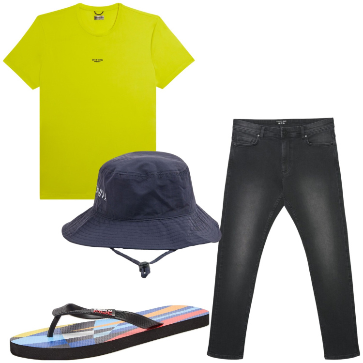Outfit uomo - Total look #2459276. Stile Casual per Tutti i giorni. Abbinamento con sandali, jeans skinny, cappelli, t-shirt.