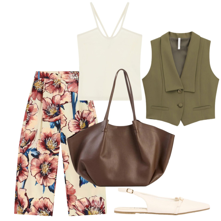 Outfit donna - Agosto. Stile Casual chic per Tutti i giorni. Abbinamento con shopping bag, ballerine, pantaloni a palazzo, gilet, canottiere.
