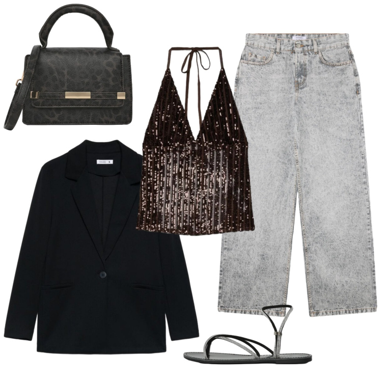 Outfit donna - Summer. Stile Casual chic per Serata fuori. Abbinamento con jeans boyfriend, sandali, top, borse a tracolla, blazer.