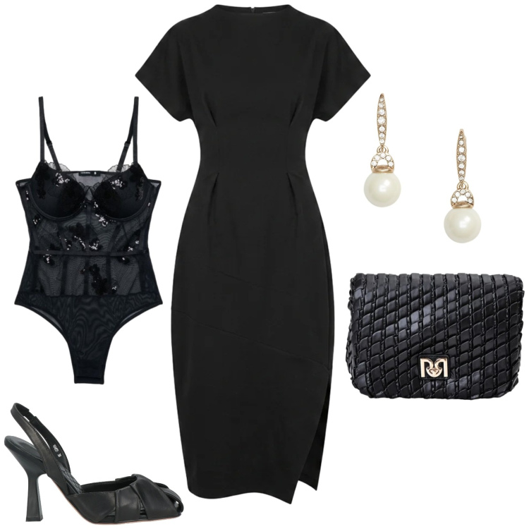 Outfit donna - Elegante serata. Stile Chic per Serata fuori. Abbinamento con décolleté, body, borse a tracolla, vestiti midi/longuette, orecchini.