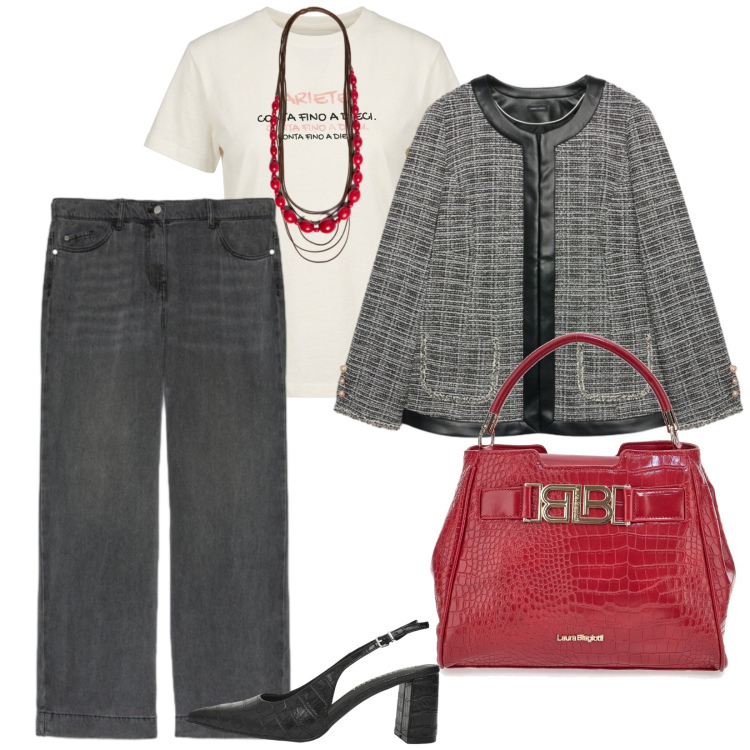 Outfit donna - Il mio istinto di ordine. per Tutti i giorni. Abbinamento con décolleté, blazer, collane, jeans, t-shirt, borse a mano.