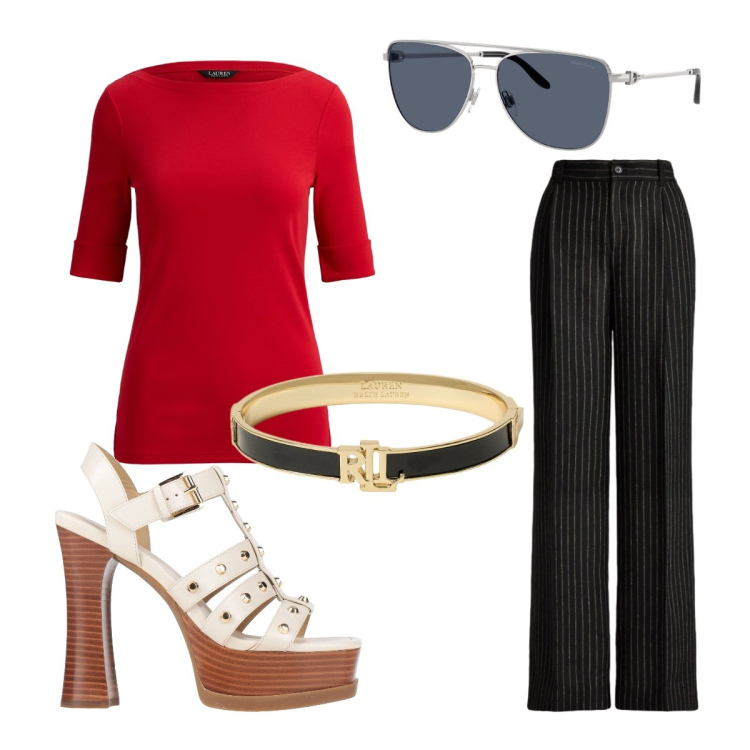 Outfit donna - T shirt classica. Stile Bon Ton per Tutti i giorni. Abbinamento con sandali in pelle, braccialetti, t-shirt, occhiali da sole, pantaloni.