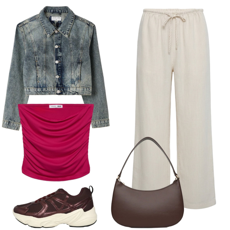 Outfit donna - Pantalone e top. Stile Casual per Tutti i giorni. Abbinamento con pantaloni, borse a tracolla, top, cappotti, sneakers.