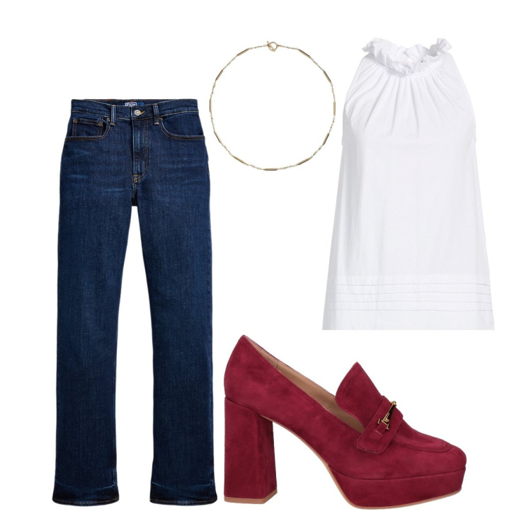 Outfit donna - Il jeans non deve mai mancare. Stile Basic per Ufficio. Abbinamento con mocassini, top, jeans dritti, collane.