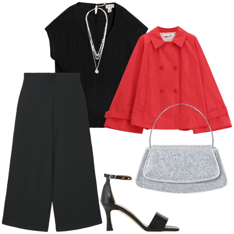 Outfit donna - Di giorno e di sera. per Tutti i giorni. Abbinamento con collane, bluse, sandali col tacco, pantaloni a palazzo, borse a spalla, giacche.