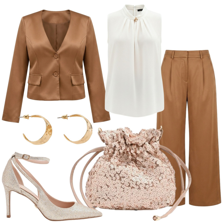 Outfit donna - Cerimonia chic. Stile Glamour per Cerimonia. Abbinamento con orecchini, pantaloni a palazzo, top, blazer, décolleté, pochette.