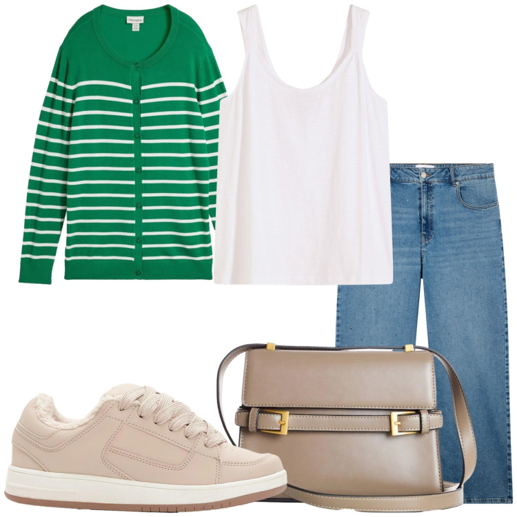Outfit donna - Inizio a pensare. Stile Casual per Tutti i giorni. Abbinamento con canottiere, sneakers, borse a tracolla, cardigans, jeans.