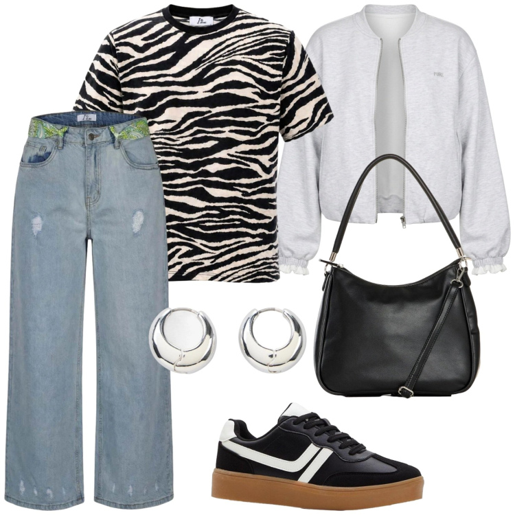 Outfit donna - Di tendenza. per Tutti i giorni. Abbinamento con borse a mano, sneakers, orecchini, t-shirt, jeans strappati, felpe.