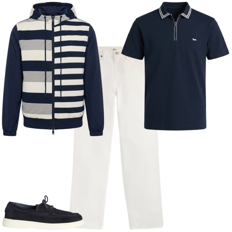 Outfit uomo - Trendy per la serata in barca. Stile Trendy per Mare. Abbinamento con scarpe stringate, polo, bomber, jeans.