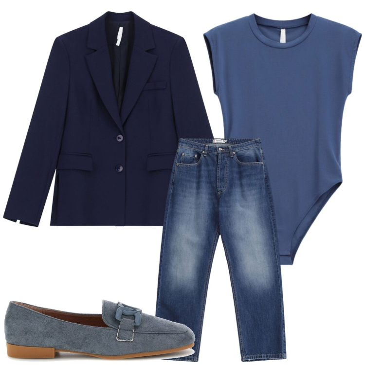 Outfit donna - Eleganza in jeans#Oroscopo@Vergine. Stile Chic per Ufficio. Abbinamento con t-shirt, blazer, jeans dritti, mocassini.