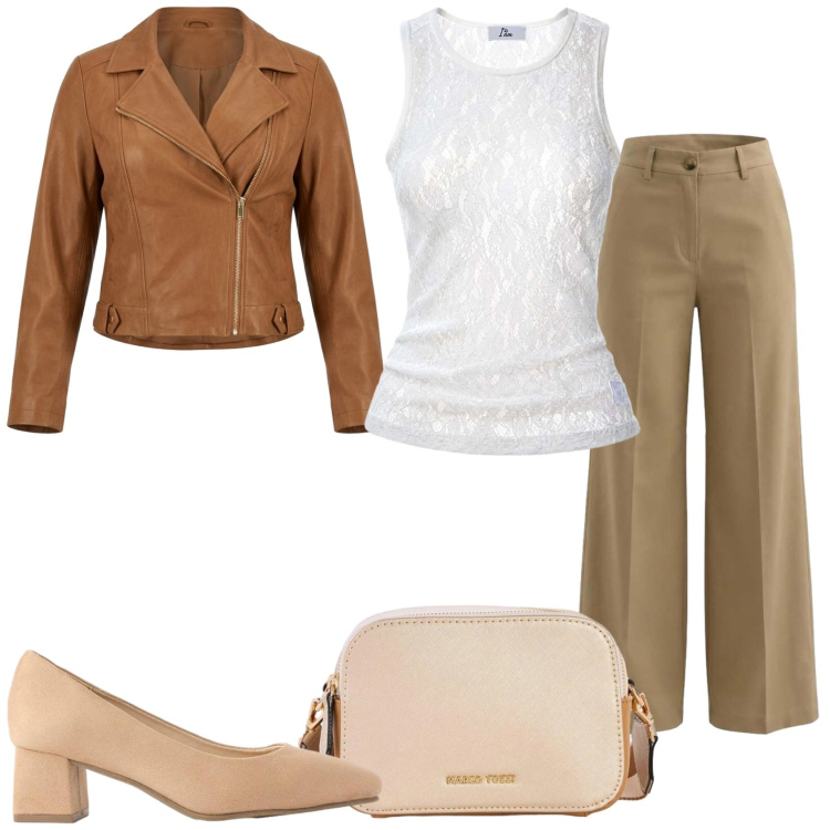 Outfit donna - Casual Chic. Stile Casual chic per Tutti i giorni. Abbinamento con borse a tracolla, décolleté, top, pantaloni a palazzo, giacche.