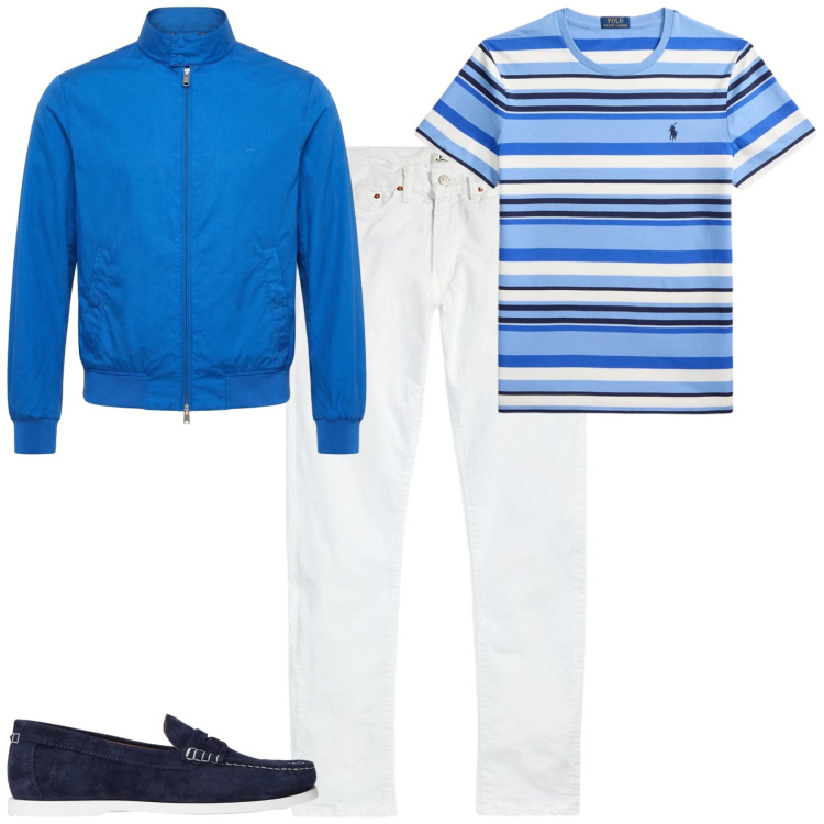 Outfit uomo - Trendy serata in barca. Stile Trendy per Mare. Abbinamento con bomber, jeans, scarpe stringate, t-shirt.