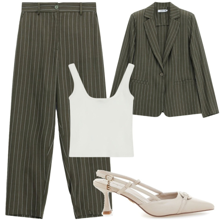 Outfit donna - Essenziale, Preciso, Impeccabile. Stile Chic per Ufficio. Abbinamento con blazer, pantaloni, top, décolleté.