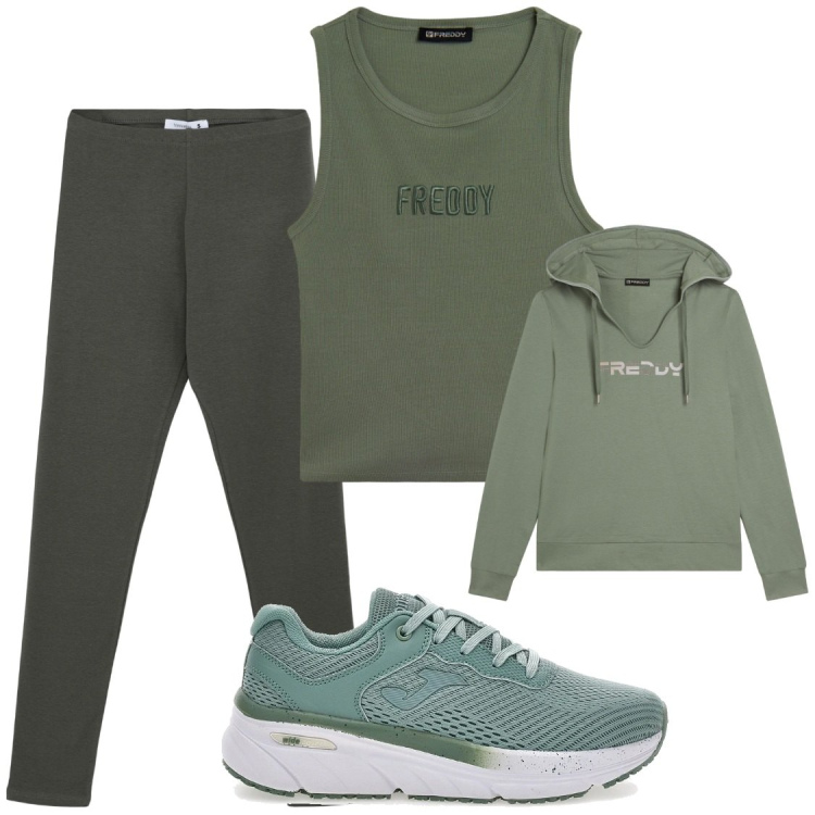 Outfit donna - Ci vediamo a Pilates. Stile Sporty chic per Sport. Abbinamento con leggings, top, felpe con cappuccio, scarpe sportive.