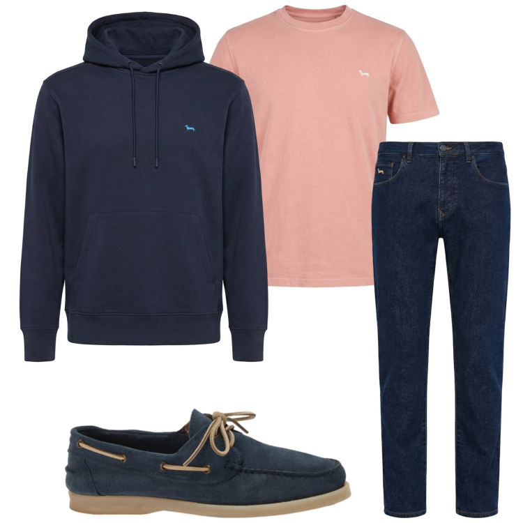 Outfit uomo - In città. Stile Casual per Tutti i giorni. Abbinamento con felpe con cappuccio, t-shirt, scarpe stringate, jeans.