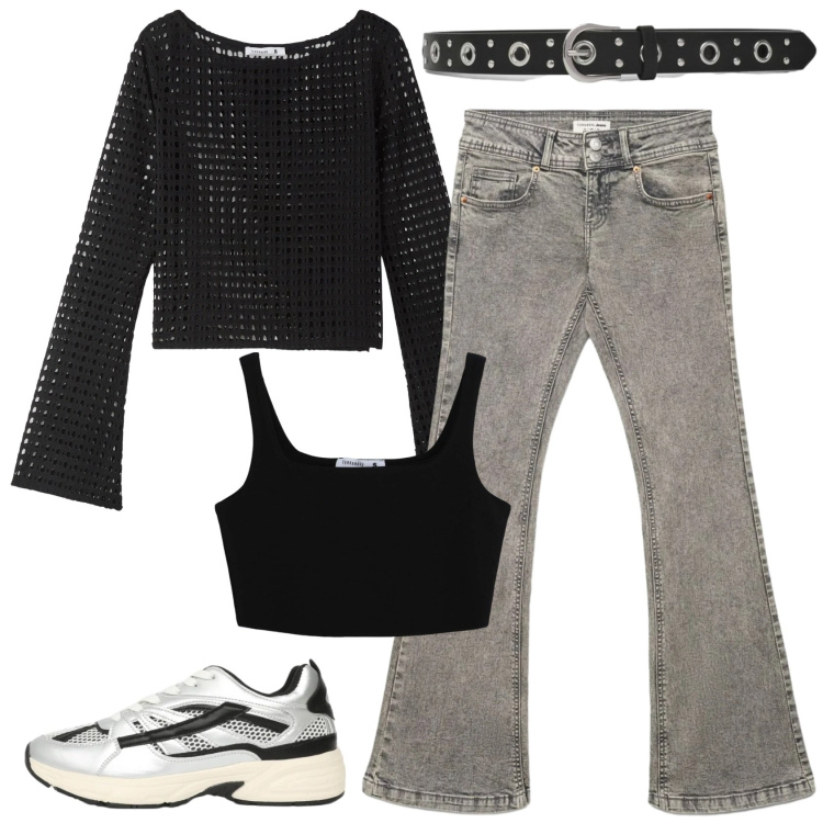 Outfit donna - Denim. Stile Casual per Tutti i giorni. Abbinamento con maglieria, jeans a zampa, reggiseni, sneakers, cinture.