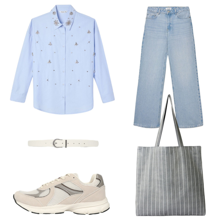 Outfit donna - Celeste e grigio. Stile Mannish per Scuola/Università. Abbinamento con shopping bag, sneakers, jeans, cinture, camicie.