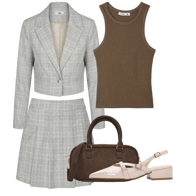 Outfit donna - Ufficio. Stile Bon Ton per Ufficio. Abbinamento con décolleté, canottiere, borse a tracolla, blazer, minigonne.