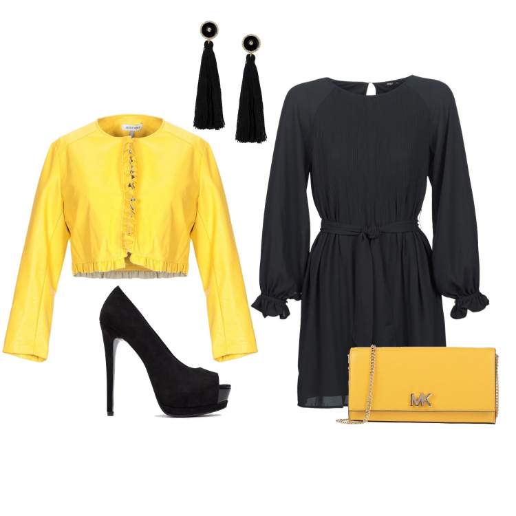 Outfit donna - Party tra le mimose. Stile Chic per Serata fuori. look ideale per Petite. Abbinamento con giacca senza tasche con ruches collo tondo a maniche lunghe interno foderato in pelle sintetica tinta unita, borsa a mano mini a scatto interno foderato tinta unita, orecchini, vestito corto nero, scarpe con plateau e tacco alto open toe in denim nero.