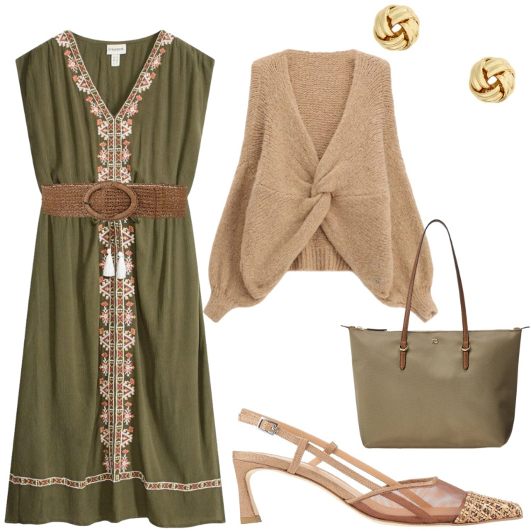 Outfit donna - Fine agosto. Stile Casual per Tutti i giorni. Abbinamento con décolleté, vestiti midi/longuette, cinture, cardigans, borse tote, orecchini.