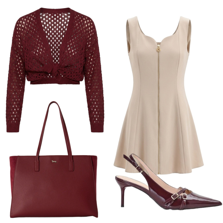 Outfit donna - Cambio di stagione. Stile Casual chic per Serata fuori. Abbinamento con shopping bag, vestiti corti, décolleté, cardigans.