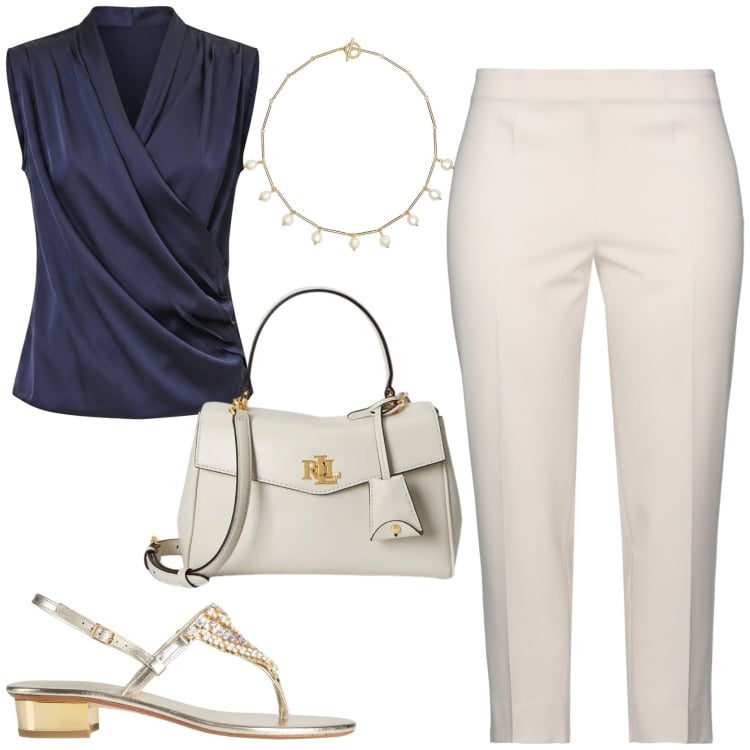 Outfit donna - Fashion oroscopo. Stile Chic per Tutti i giorni. Abbinamento con pantaloni, infradito, top, borse a mano, collane.