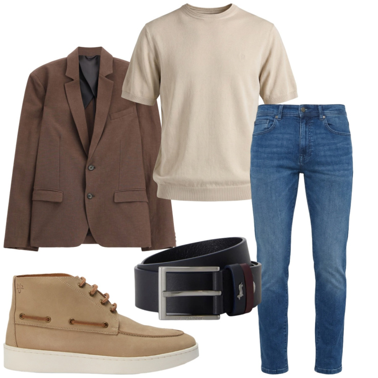 Outfit uomo - Total look #2459397. Stile Business/Elegante per Ufficio. Abbinamento con jeans slim fit, t-shirt, stivali e stivaletti, cinture, giacche.