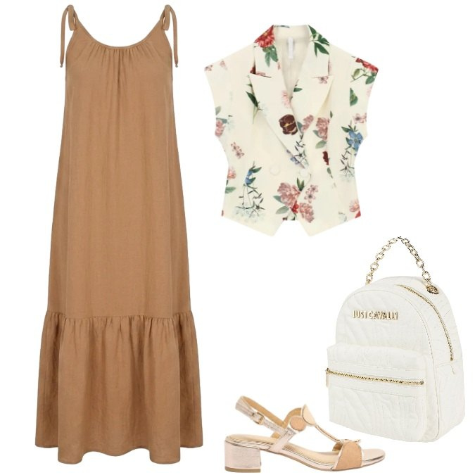 Outfit donna - Aperitivi/Cerimonie/Eventi. Stile Casual chic per Cerimonia. Abbinamento con zaini, sandali col tacco, gilet, vestiti.