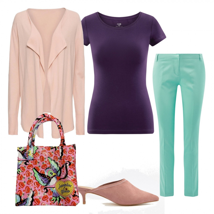 Outfit donna - Bird. Stile Trendy per Tutti i giorni. Abbinamento con cardigans, borsa a mano, pantalone aderente turchese, sabot con tacco spillo collo aperto a punta elasticizzato, t-shirt aderente viola.