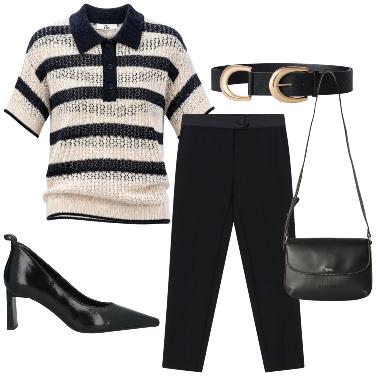 Outfit donna - Total look #2459400. Stile Minimal per Ufficio. Abbinamento con décolleté, borse a tracolla, pantaloni, cinture, polo.
