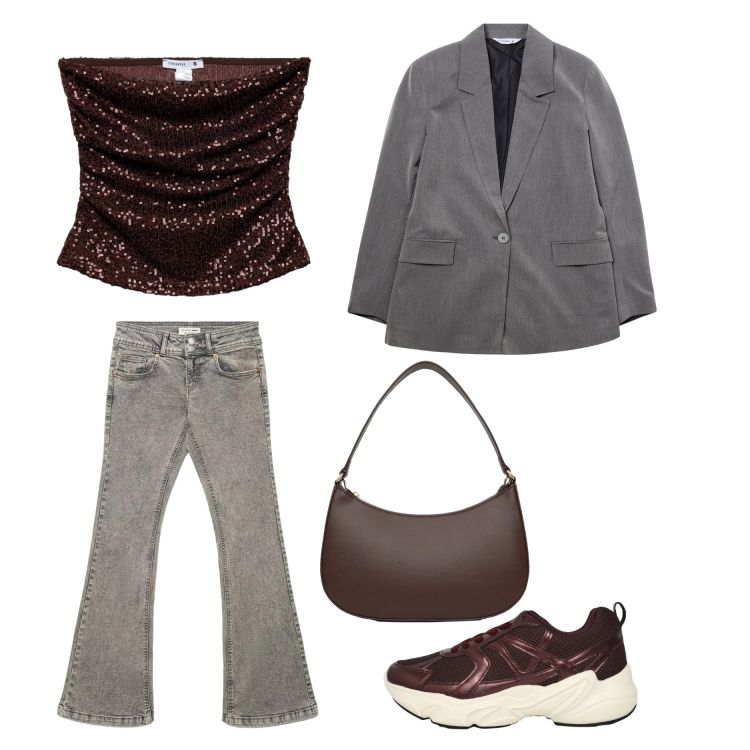 Outfit donna - Terranova infinity Summer. Stile Casual chic per Tutti i giorni. Abbinamento con sneakers, top, jeans a zampa, blazer, borse a tracolla.