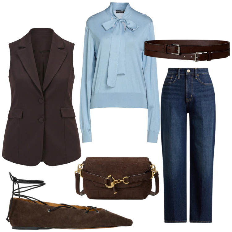 Outfit donna - Total look #2459403. Stile Casual chic per Ufficio. Abbinamento con pullovers, gilet, borse a spalla, jeans dritti, ballerine, cinture.